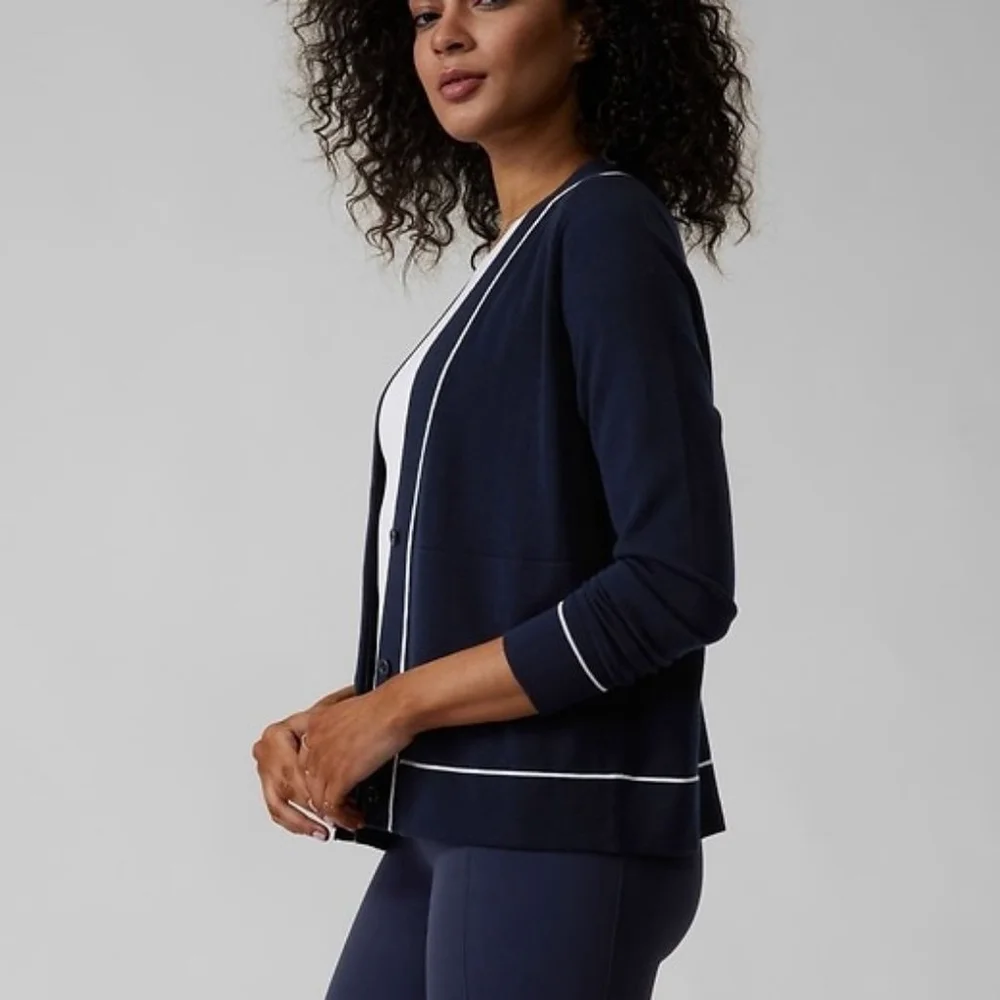 Athleta Lightweight Cardigan sweater navy blue white women's size medium